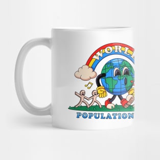 World population day, earth walks happily while holding on to paper humans Mug